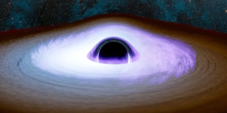 X-ışınlarıyla parlak şekilde parlayan kara deliğin koronasını ve çevresinde dönen materyalleri gösteren bir illüstrasyon. Görsel kaynağı: NASA/Caltech-IPAC/Robert Hurt